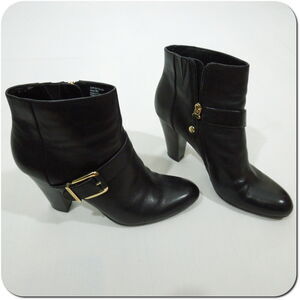 DANA BUCHMAN Heel Booties size 9M Womens Black Leather 3 1/2" Gold Buckle